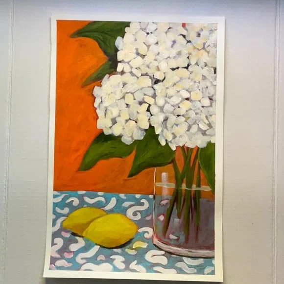 Original Acrylic Hydrangeas Still Life Painting  Farmhouse Wall Decor Retro Art - Picture 5 of 8